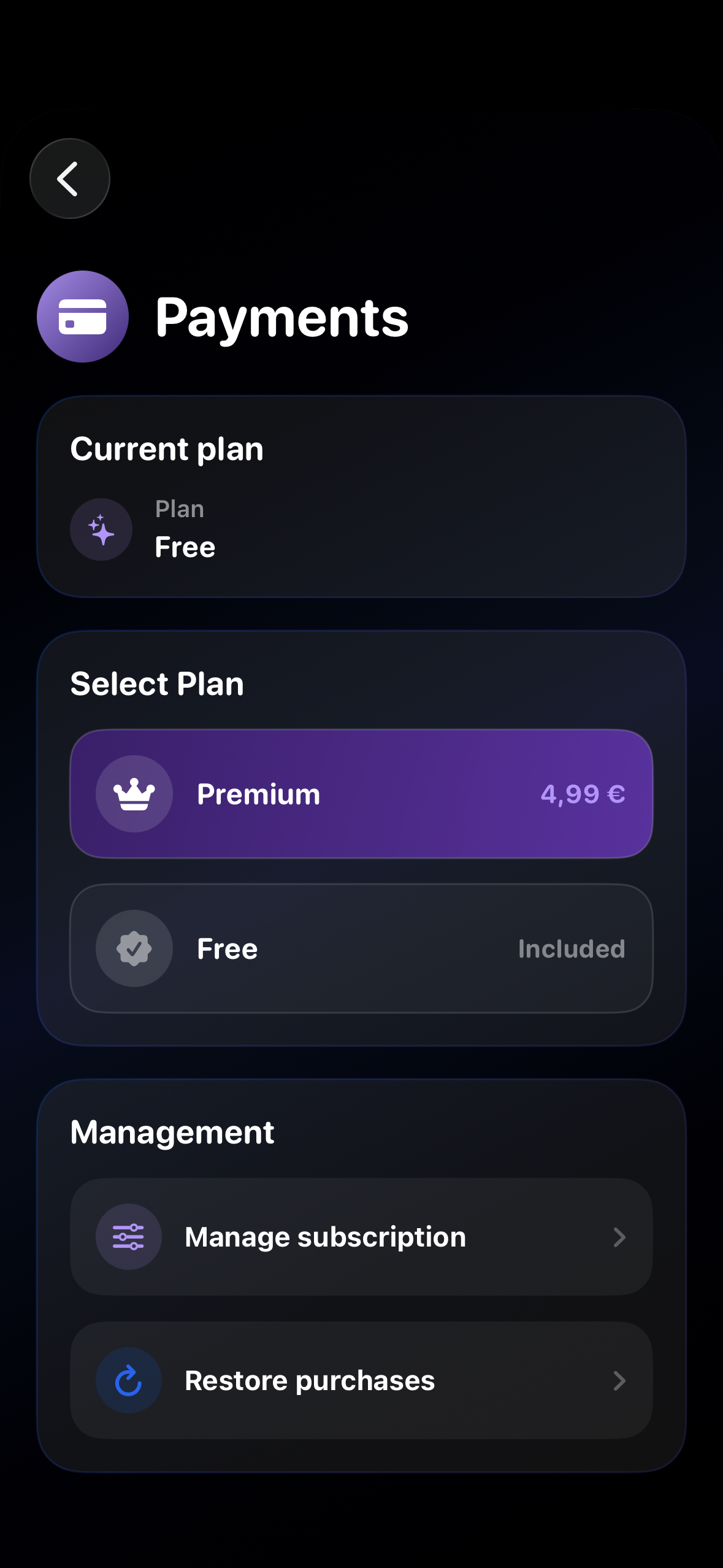 CaliCoach payment settings screen